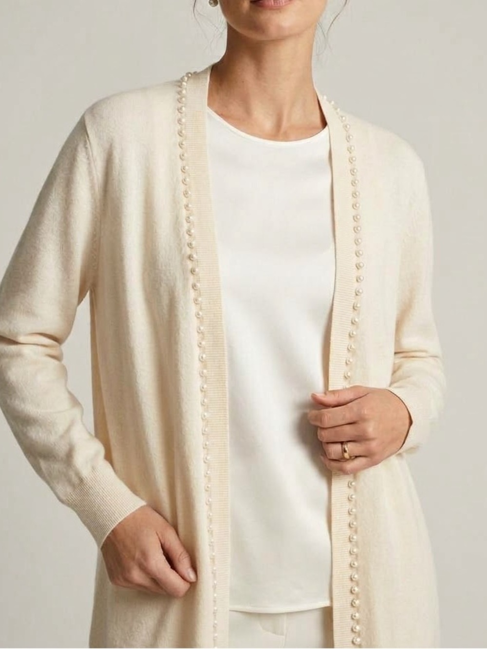 Chico’s Cashmere Pearl Cardigan Size XXL Cream Neutral Sweater Long Fall Winter